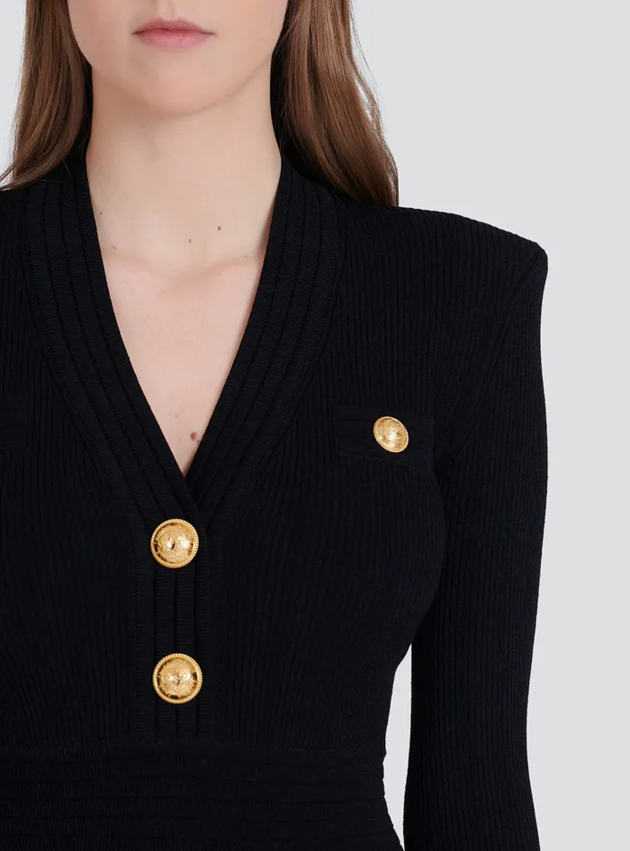 Balmain Dresses Womens Short EcoDesigned Knit Dress With GoldTone Buttons Black