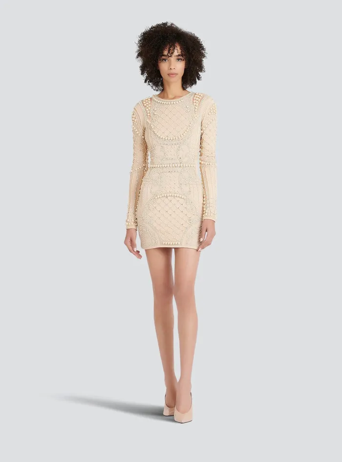 Balmain Dresses Womens Short Embroidered Dress Beige Balmain Dresses Womens Short Embroidered Dress Beige