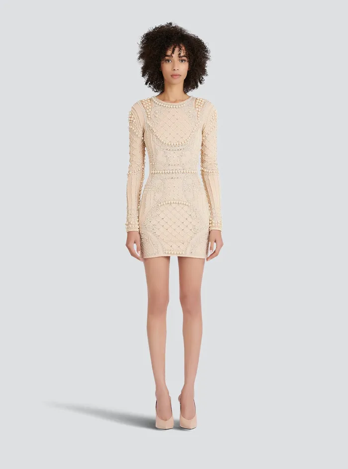 Balmain Dresses Womens Short Embroidered Dress Beige Balmain Dresses Womens Short Embroidered Dress Beige