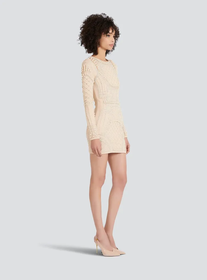 Balmain Dresses Womens Short Embroidered Dress Beige Balmain Dresses Womens Short Embroidered Dress Beige