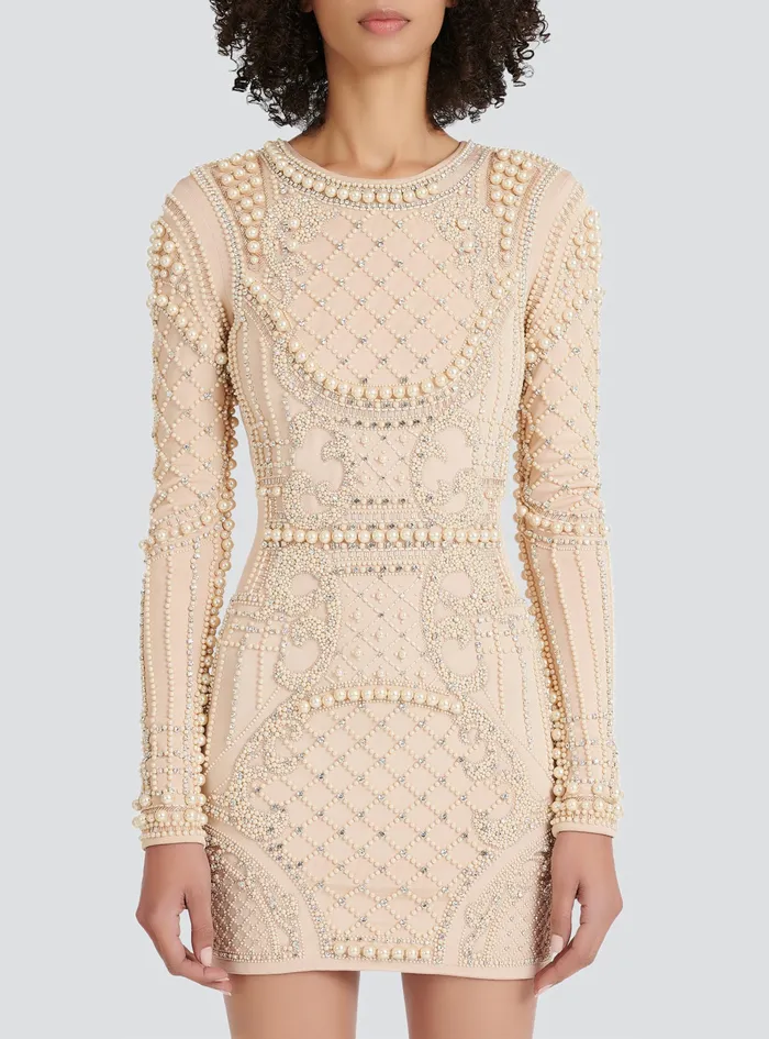 Balmain Dresses Womens Short Embroidered Dress Beige Balmain Dresses Womens Short Embroidered Dress Beige