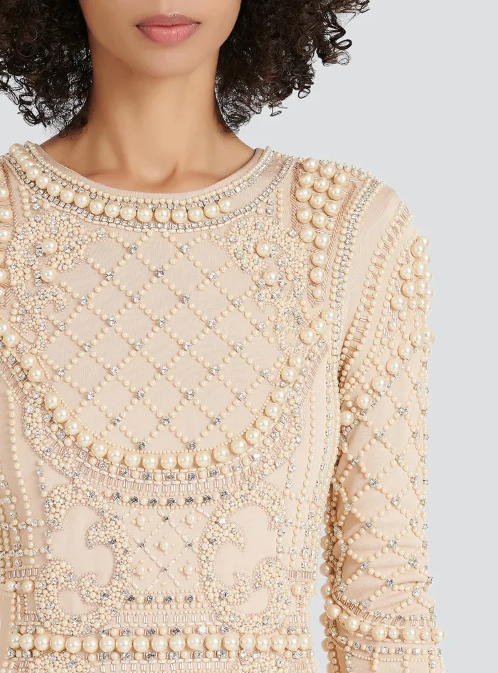 Balmain Dresses Womens Short Embroidered Dress Beige Balmain Dresses Womens Short Embroidered Dress Beige