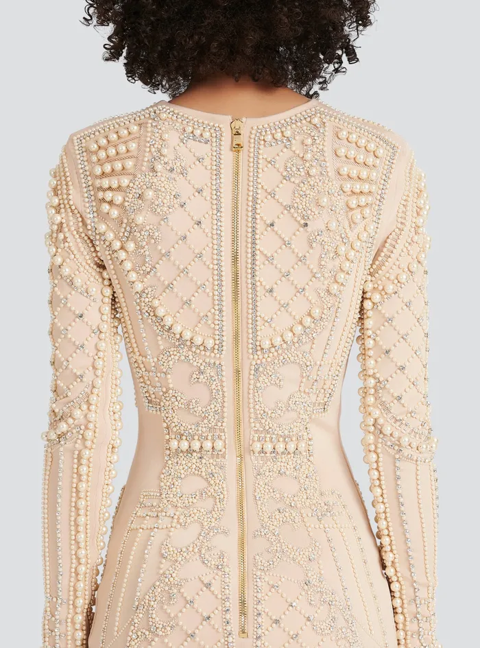Balmain Dresses Womens Short Embroidered Dress Beige Balmain Dresses Womens Short Embroidered Dress Beige