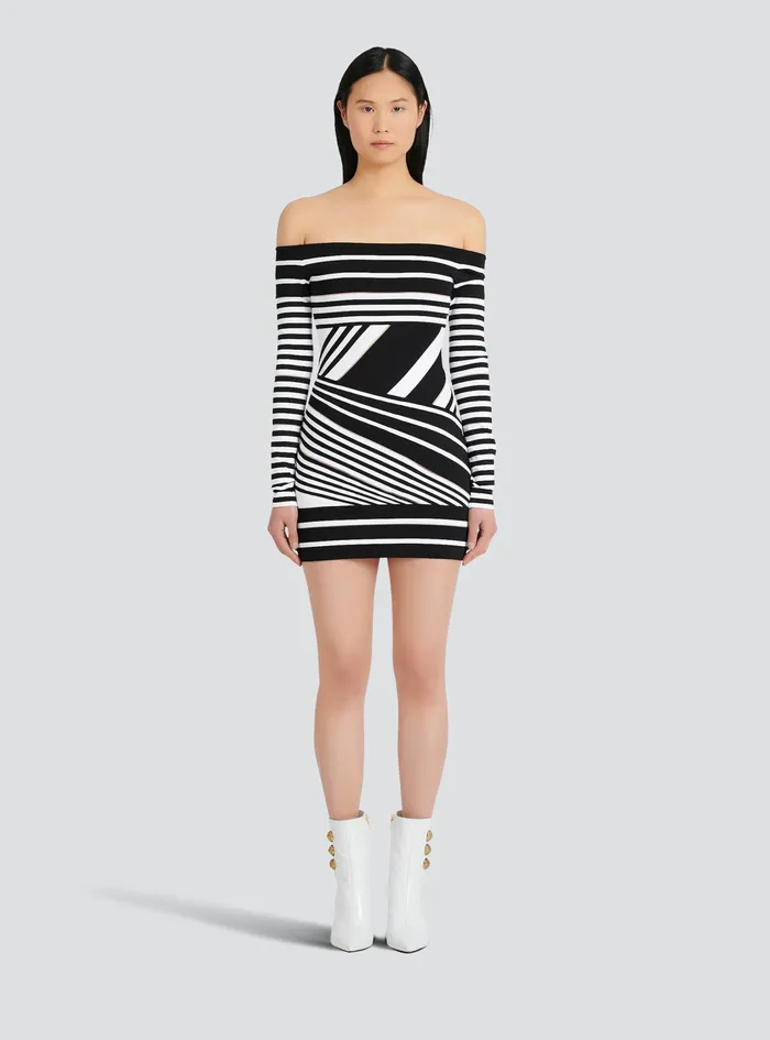 Balmain Dresses Womens Short Striped EcoDesigned Jacquard Dress Black Balmain Dresses Womens Short Striped EcoDesigned Jacquard Dress Black