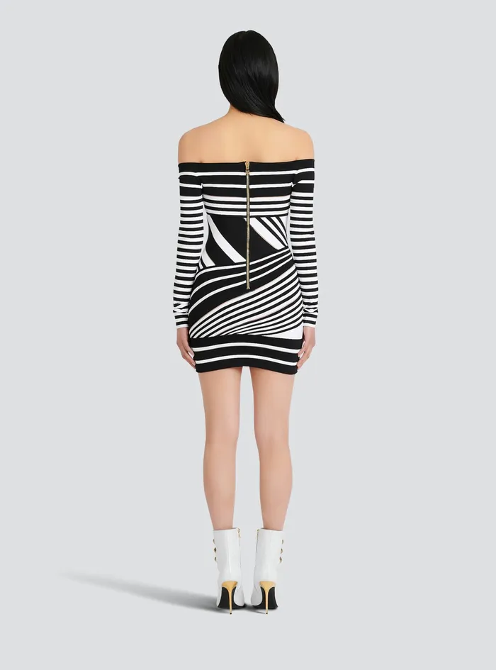 Balmain Dresses Womens Short Striped EcoDesigned Jacquard Dress Black Balmain Dresses Womens Short Striped EcoDesigned Jacquard Dress Black