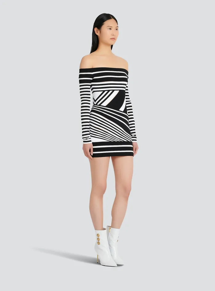 Balmain Dresses Womens Short Striped EcoDesigned Jacquard Dress Black Balmain Dresses Womens Short Striped EcoDesigned Jacquard Dress Black