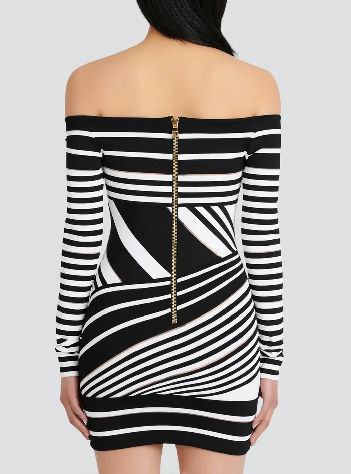 Balmain Dresses Womens Short Striped EcoDesigned Jacquard Dress Black Balmain Dresses Womens Short Striped EcoDesigned Jacquard Dress Black