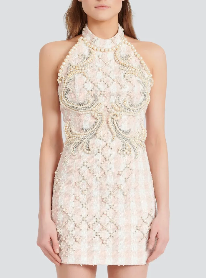 Balmain Dresses Womens Short Tweed Dress With Embroidery Pink Balmain Dresses Womens Short Tweed Dress With Embroidery Pink
