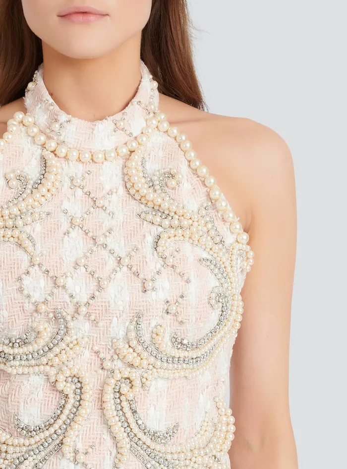 Balmain Dresses Womens Short Tweed Dress With Embroidery Pink Balmain Dresses Womens Short Tweed Dress With Embroidery Pink