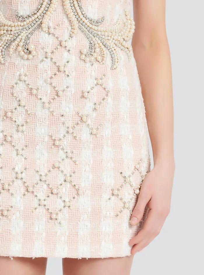 Balmain Dresses Womens Short Tweed Dress With Embroidery Pink Balmain Dresses Womens Short Tweed Dress With Embroidery Pink
