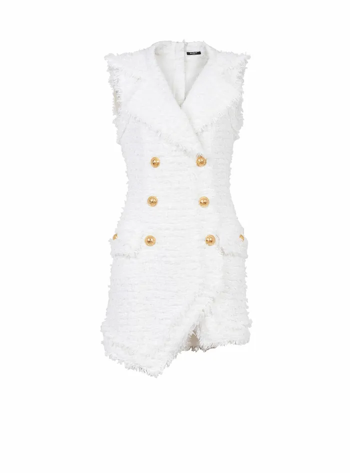 Balmain Dresses Womens Short Tweed Dress With GoldTone DoubleButtoned Fastening White Balmain Dresses Womens Short Tweed Dress With GoldTone DoubleButtoned Fastening White