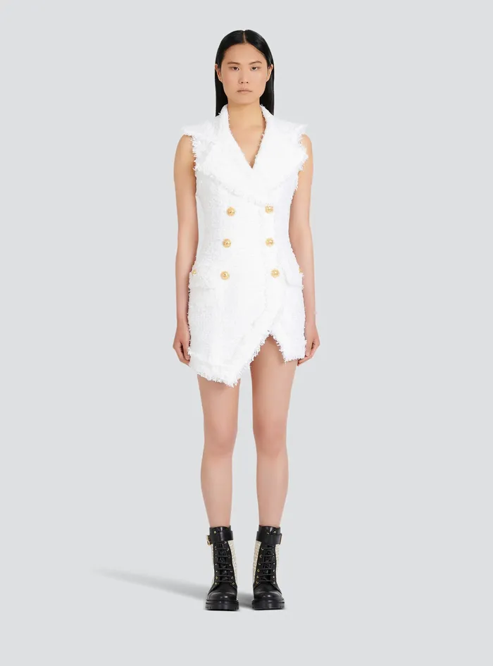 Balmain Dresses Womens Short Tweed Dress With GoldTone DoubleButtoned Fastening White Balmain Dresses Womens Short Tweed Dress With GoldTone DoubleButtoned Fastening White