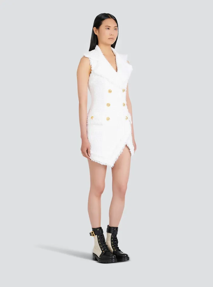 Balmain Dresses Womens Short Tweed Dress With GoldTone DoubleButtoned Fastening White Balmain Dresses Womens Short Tweed Dress With GoldTone DoubleButtoned Fastening White