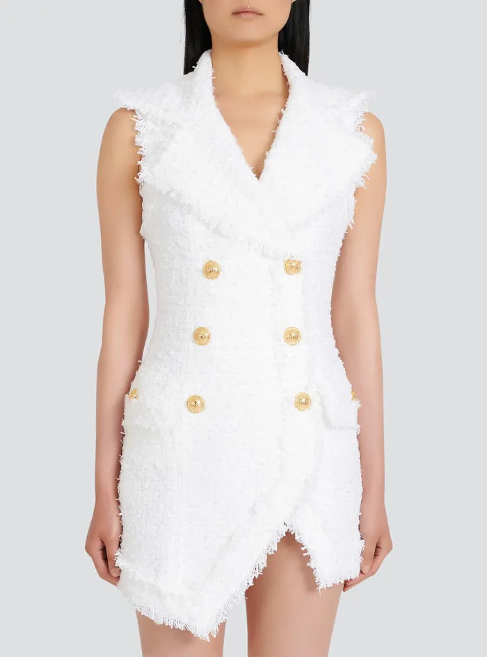 Balmain Dresses Womens Short Tweed Dress With GoldTone DoubleButtoned Fastening White Balmain Dresses Womens Short Tweed Dress With GoldTone DoubleButtoned Fastening White