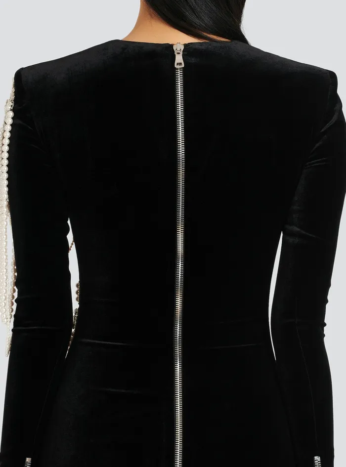 Balmain Dresses Womens Short Velvet Dress With Embroidery Black Balmain Dresses Womens Short Velvet Dress With Embroidery Black