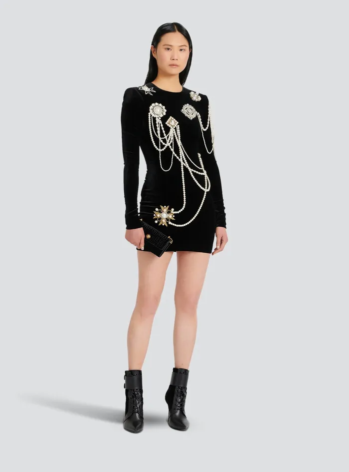 Balmain Dresses Womens Short Velvet Dress With Embroidery Black Balmain Dresses Womens Short Velvet Dress With Embroidery Black