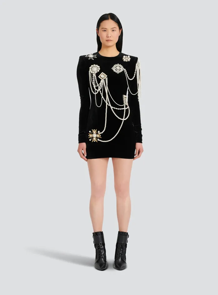 Balmain Dresses Womens Short Velvet Dress With Embroidery Black Balmain Dresses Womens Short Velvet Dress With Embroidery Black