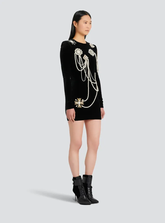 Balmain Dresses Womens Short Velvet Dress With Embroidery Black Balmain Dresses Womens Short Velvet Dress With Embroidery Black