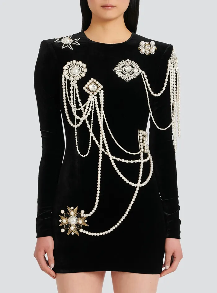 Balmain Dresses Womens Short Velvet Dress With Embroidery Black Balmain Dresses Womens Short Velvet Dress With Embroidery Black