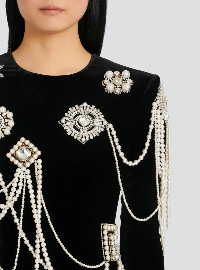 Balmain Dresses Womens Short Velvet Dress With Embroidery Black Balmain Dresses Womens Short Velvet Dress With Embroidery Black