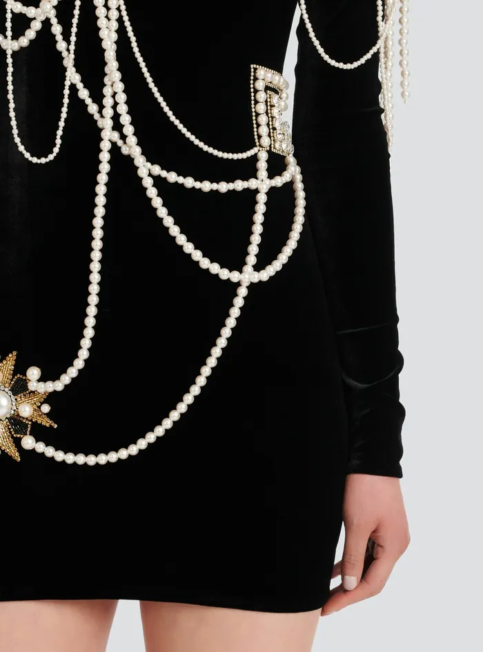 Balmain Dresses Womens Short Velvet Dress With Embroidery Black Balmain Dresses Womens Short Velvet Dress With Embroidery Black