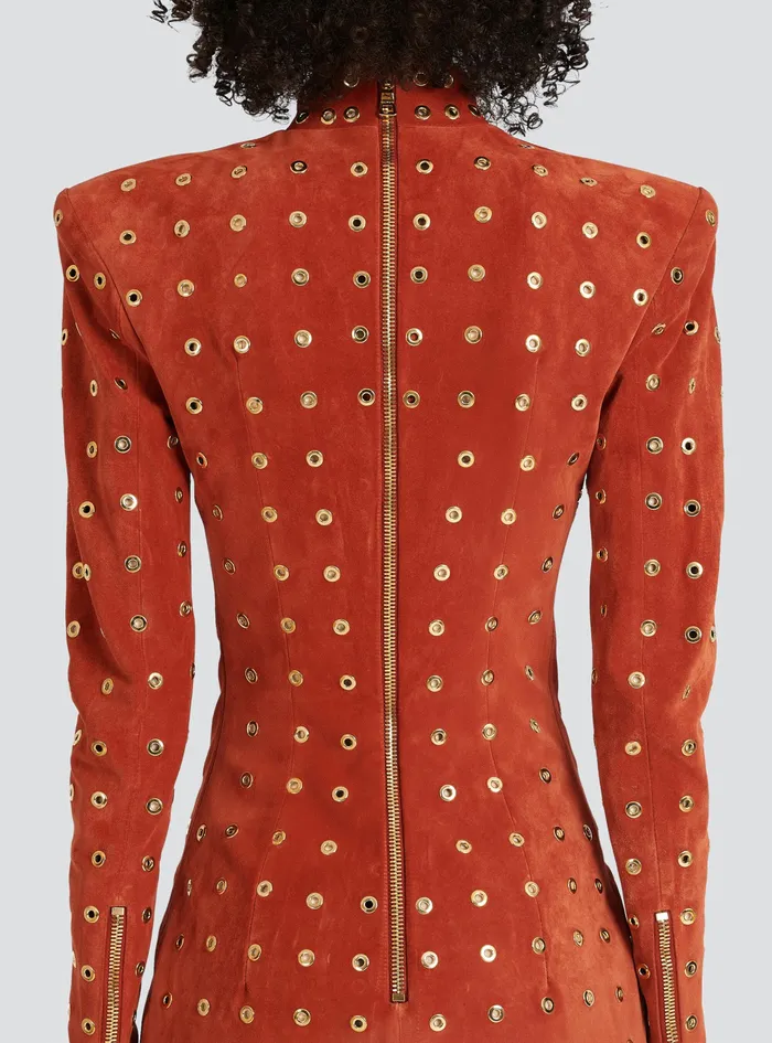 Balmain Dresses Womens X Netflix Short Suede Dress Brown Balmain Dresses Womens X Netflix Short Suede Dress Brown