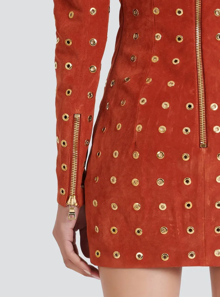 Balmain Dresses Womens X Netflix Short Suede Dress Brown Balmain Dresses Womens X Netflix Short Suede Dress Brown