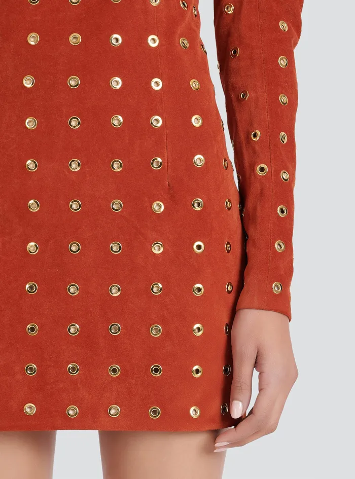 Balmain Dresses Womens X Netflix Short Suede Dress Brown Balmain Dresses Womens X Netflix Short Suede Dress Brown