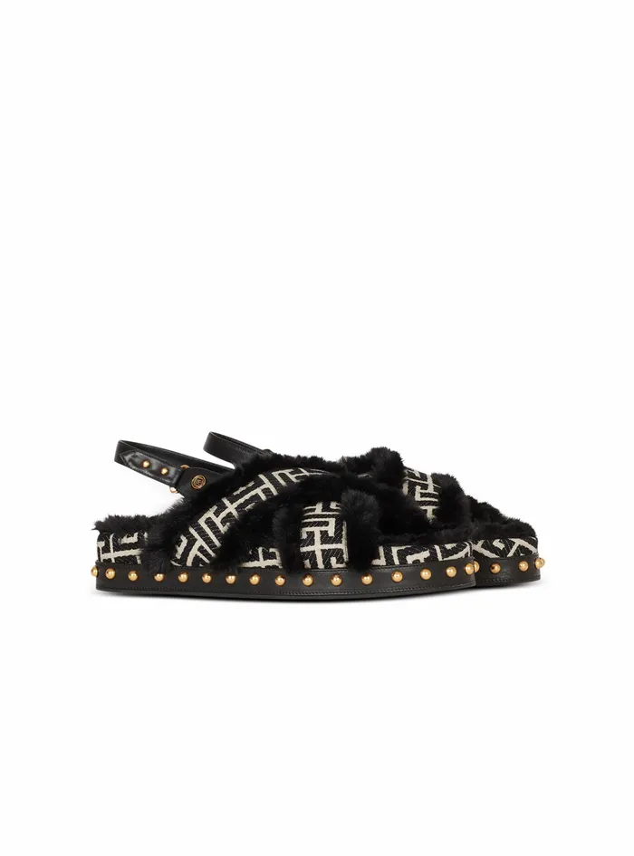 Balmain Flats Womens Bicolor Jacquard And Faux Fur Tam Flat Sandals Black Balmain Flats Womens Bicolor Jacquard And Faux Fur Tam Flat Sandals Black
