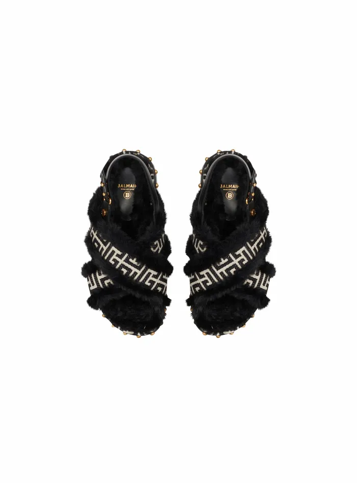 Balmain Flats Womens Bicolor Jacquard And Faux Fur Tam Flat Sandals Black Balmain Flats Womens Bicolor Jacquard And Faux Fur Tam Flat Sandals Black