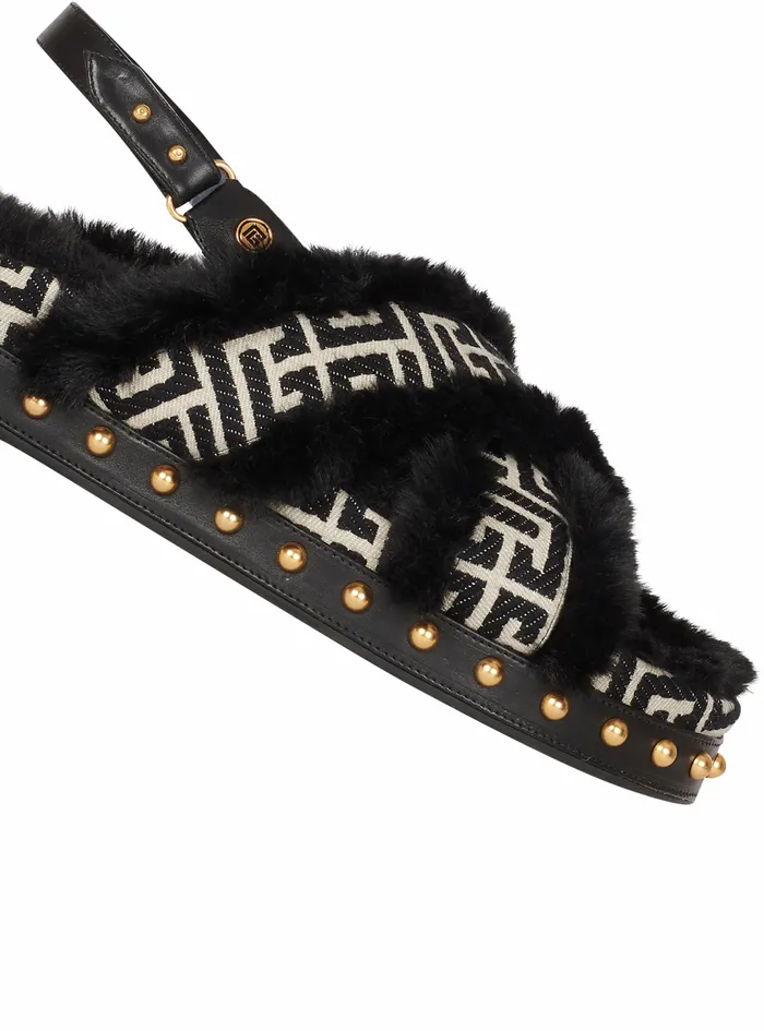 Balmain Flats Womens Bicolor Jacquard And Faux Fur Tam Flat Sandals Black Balmain Flats Womens Bicolor Jacquard And Faux Fur Tam Flat Sandals Black