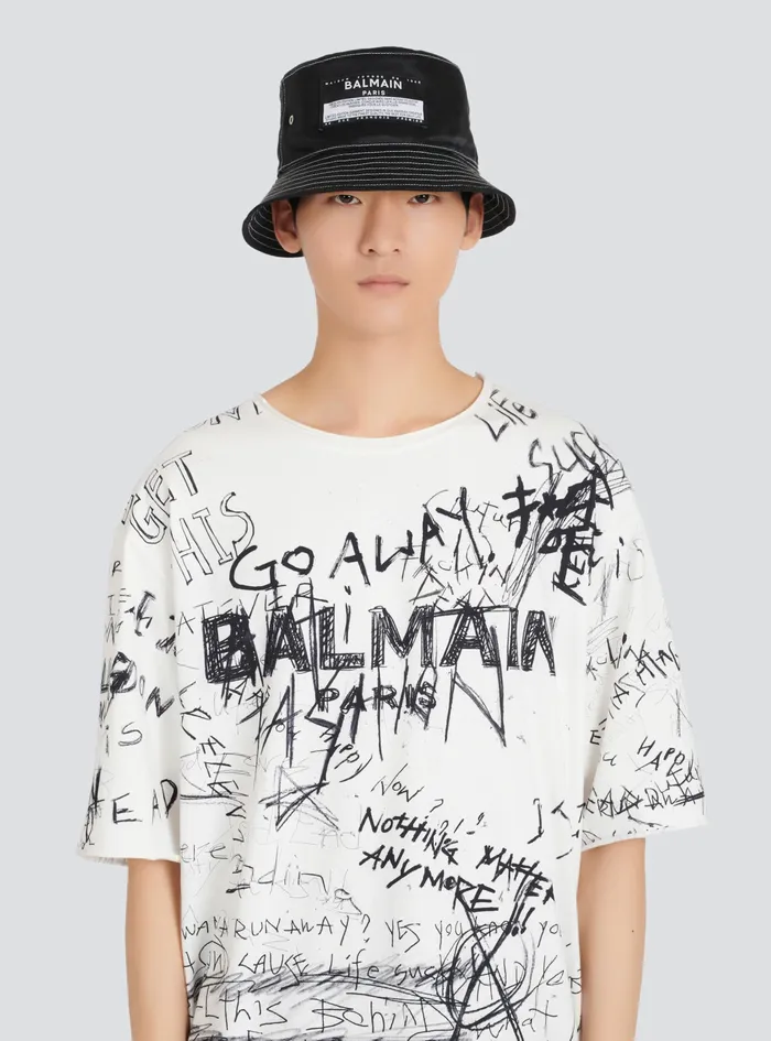 Balmain Hats Mens Satin Bucket Hat With Balmain Logo Black Balmain Hats Mens Satin Bucket Hat With Balmain Logo Black