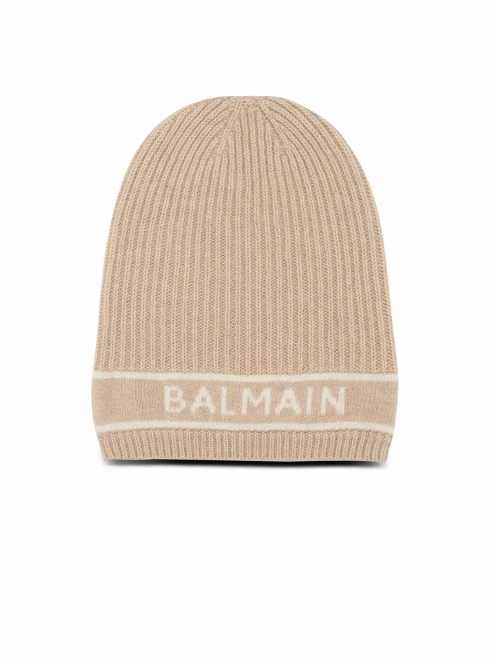 Balmain Hats Mens Wool Beanie With Embroidered Balmain Logo Beige