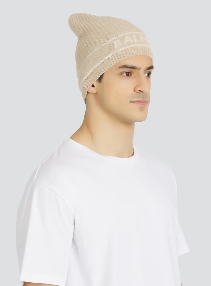 Balmain Hats Mens Wool Beanie With Embroidered Balmain Logo Beige Balmain Hats Mens Wool Beanie With Embroidered Balmain Logo Beige