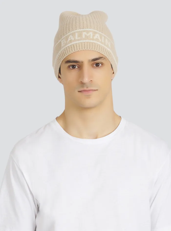 Balmain Hats Mens Wool Beanie With Embroidered Balmain Logo Beige Balmain Hats Mens Wool Beanie With Embroidered Balmain Logo Beige