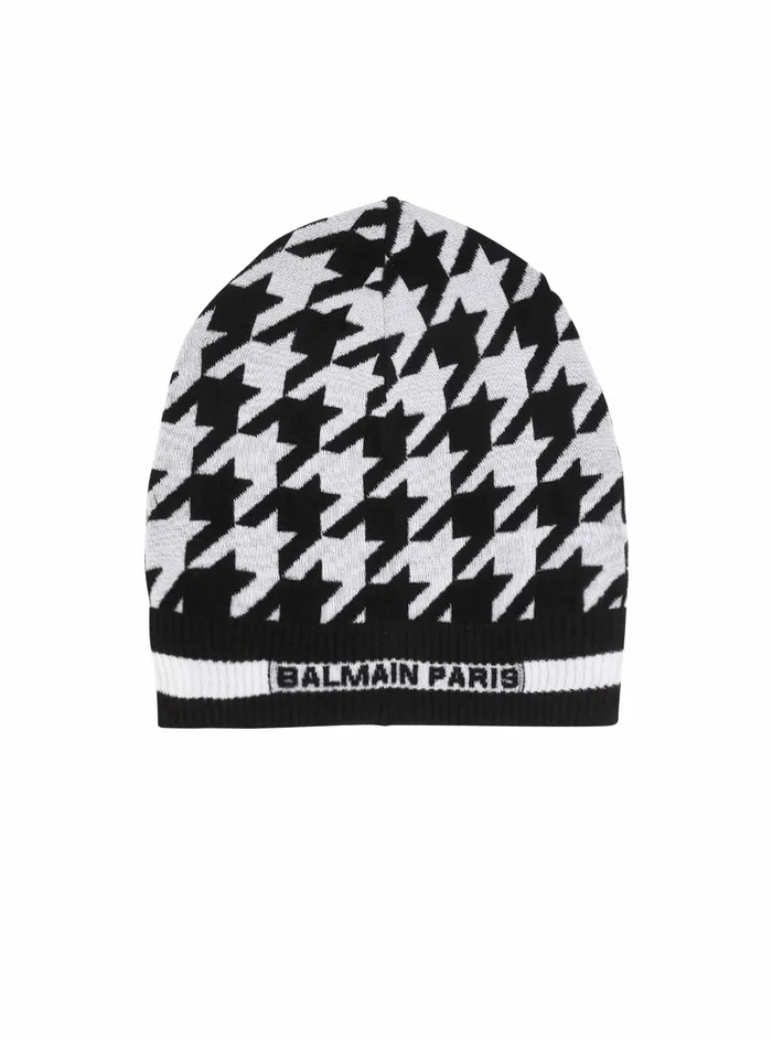 Balmain Hats Womens Houndstooth Print Wool And Velvet Beanie Black