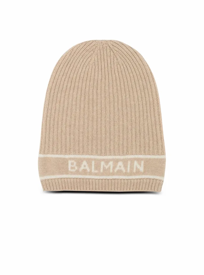Balmain Hats Womens Wool Beanie With Balmain Logo Beige