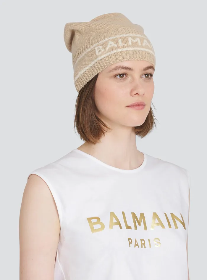 Balmain Hats Womens Wool Beanie With Balmain Logo Beige Balmain Hats Womens Wool Beanie With Balmain Logo Beige