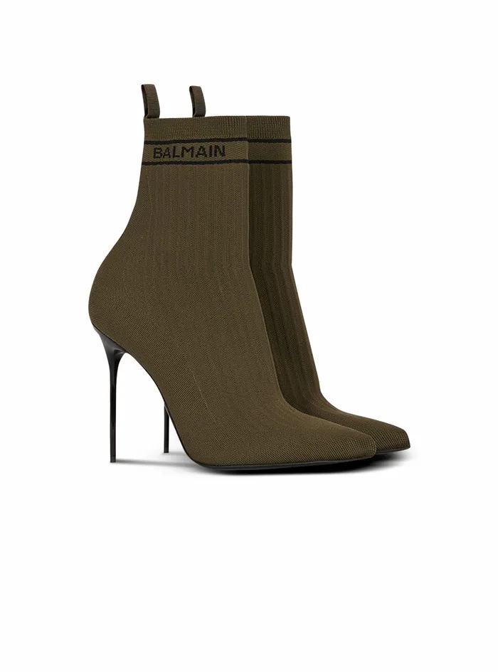 Balmain High Heels Womens Stretch Knit Skye Ankle Boots Khaki