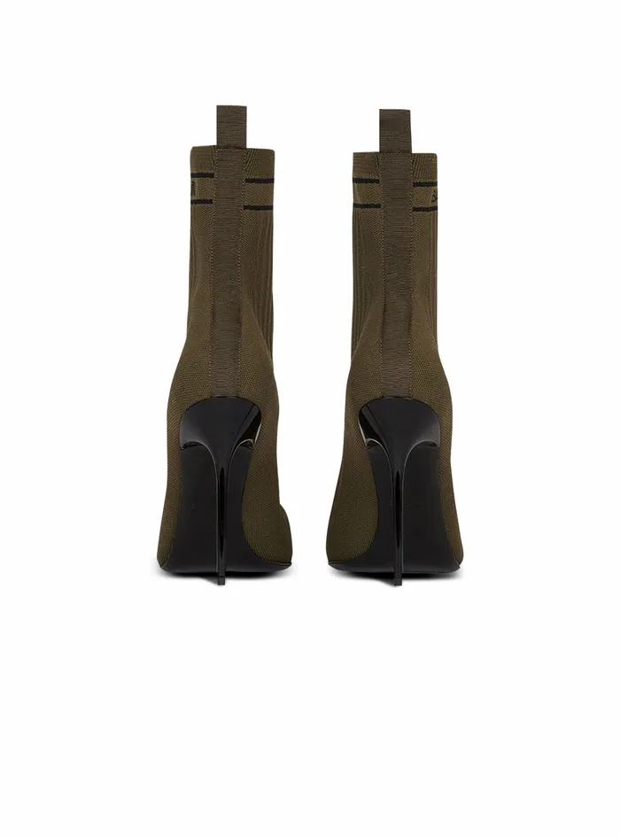 Balmain High Heels Womens Stretch Knit Skye Ankle Boots Khaki