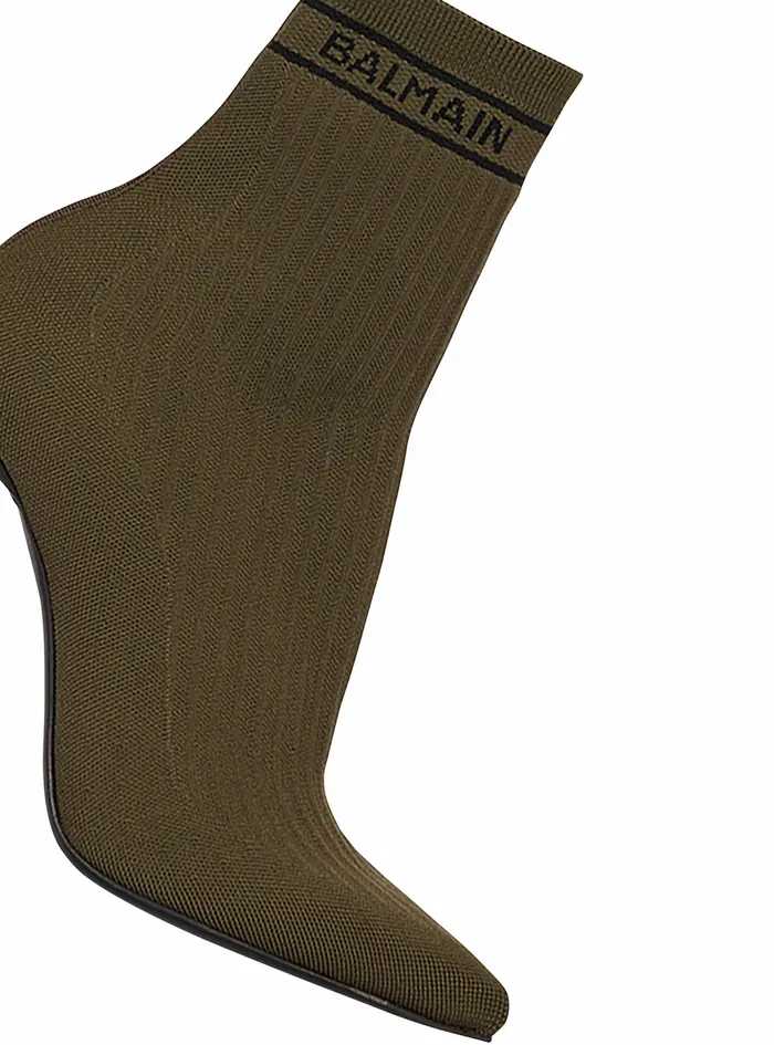 Balmain High Heels Womens Stretch Knit Skye Ankle Boots Khaki