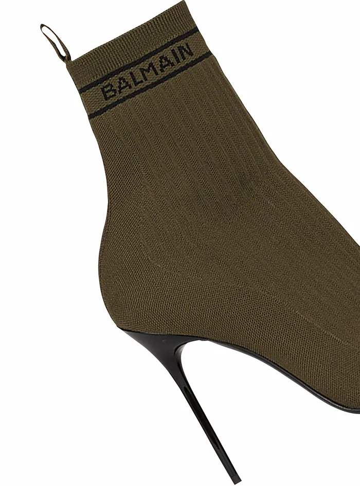 Balmain High Heels Womens Stretch Knit Skye Ankle Boots Khaki