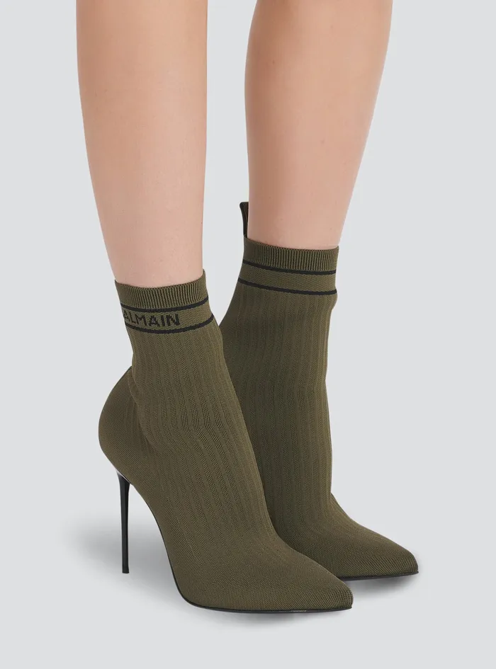 Balmain High Heels Womens Stretch Knit Skye Ankle Boots Khaki