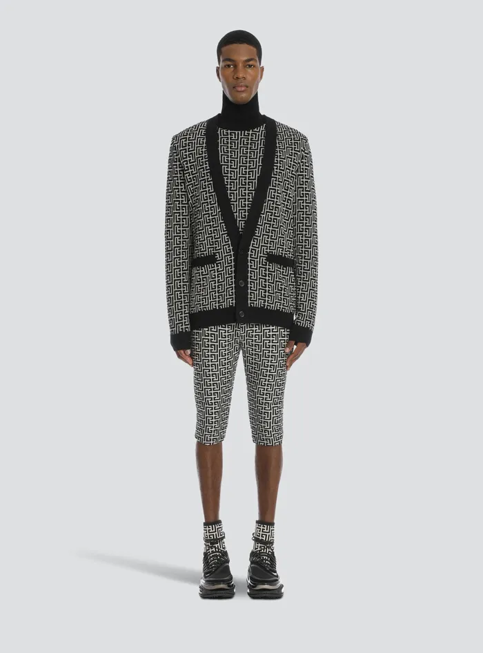 Balmain Knitwear Mens Bicolor Ivory And Black Wool Cardigan Black Balmain Knitwear Mens Bicolor Ivory And Black Wool Cardigan Black