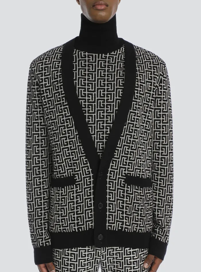 Balmain Knitwear Mens Bicolor Ivory And Black Wool Cardigan Black Balmain Knitwear Mens Bicolor Ivory And Black Wool Cardigan Black