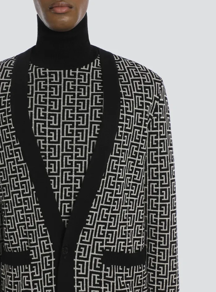 Balmain Knitwear Mens Bicolor Ivory And Black Wool Cardigan Black Balmain Knitwear Mens Bicolor Ivory And Black Wool Cardigan Black