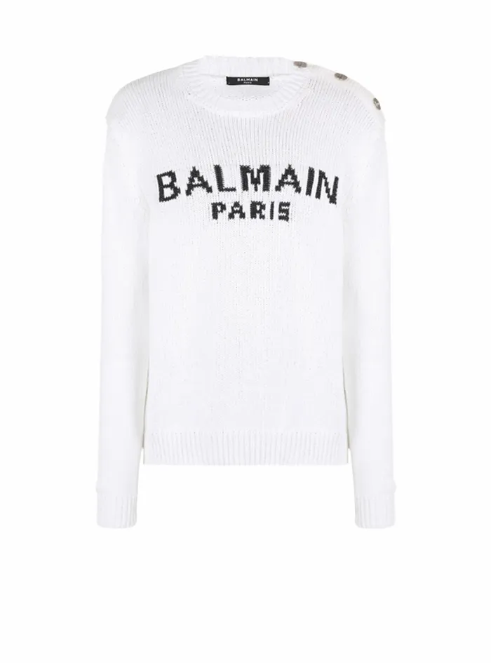 Balmain Knitwear Mens Cotton Sweater With Embroidered Balmain Paris Logo White Balmain Knitwear Mens Cotton Sweater With Embroidered Balmain Paris Logo White
