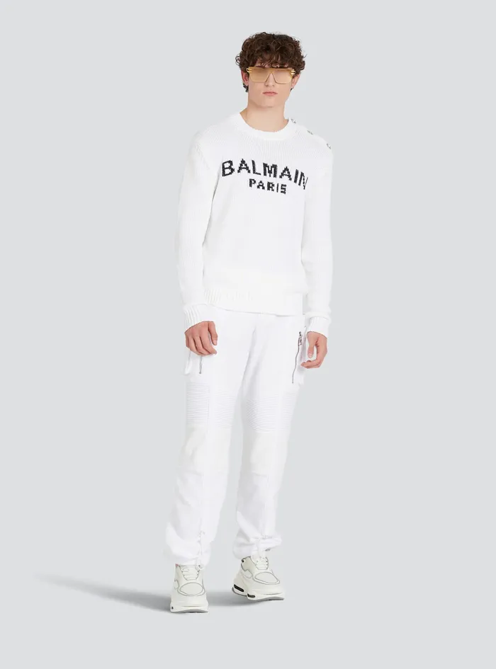 Balmain Knitwear Mens Cotton Sweater With Embroidered Balmain Paris Logo White