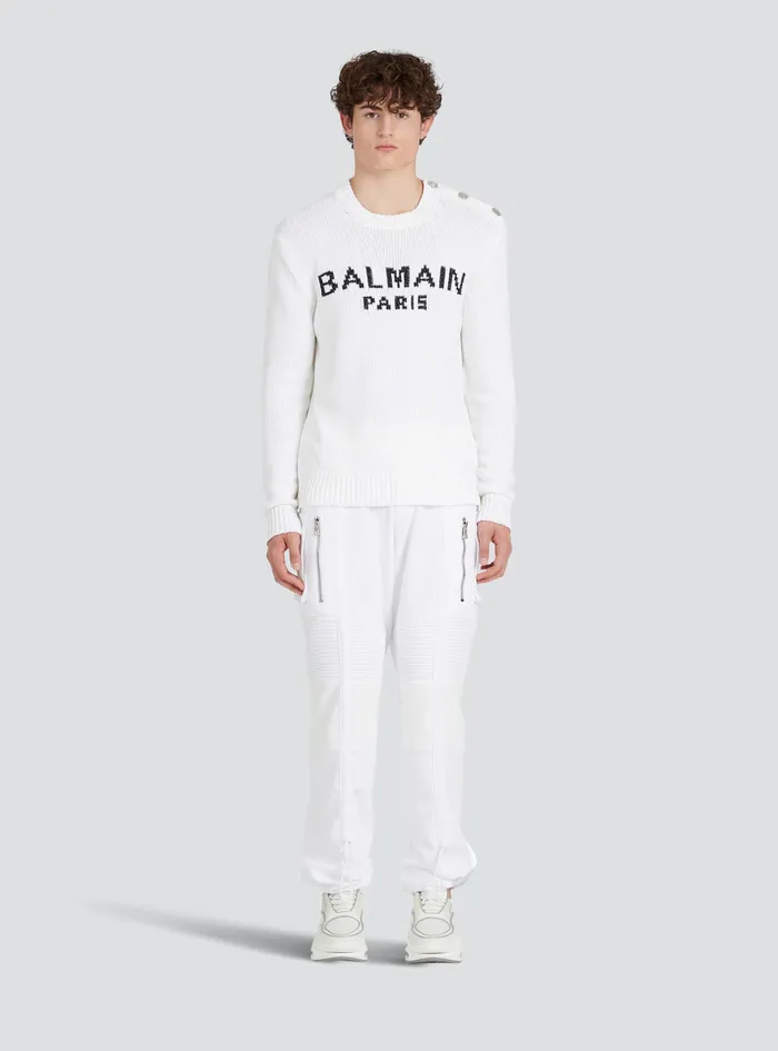 Balmain Knitwear Mens Cotton Sweater With Embroidered Balmain Paris Logo White