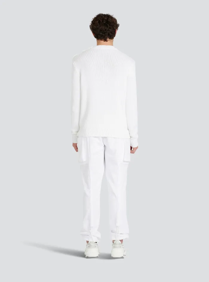 Balmain Knitwear Mens Cotton Sweater With Embroidered Balmain Paris Logo White